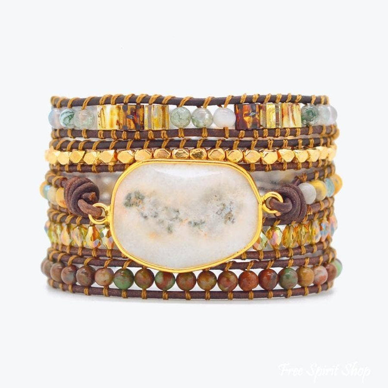 Natural Agate Moonlight & Jasper Boho Beaded Wrap Bracelet