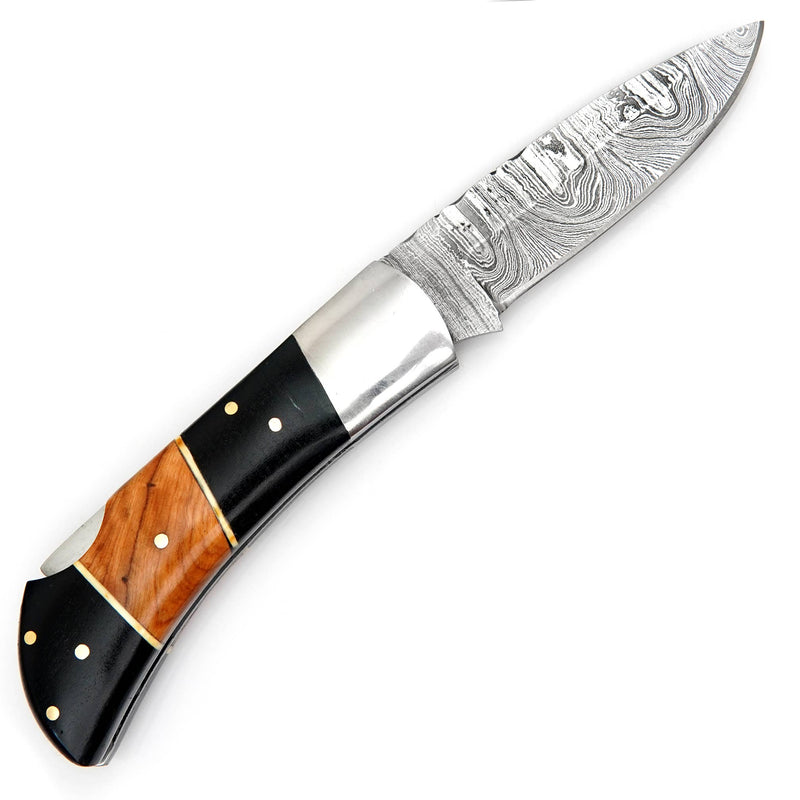 Damascus steel blade pocket knife with Leather Case for men