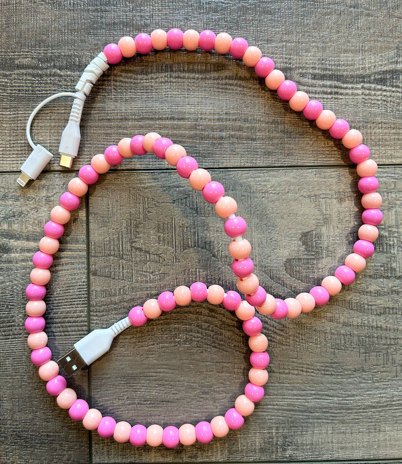 Peach Beaded Phone Charger with Lightning & USB-C Cable