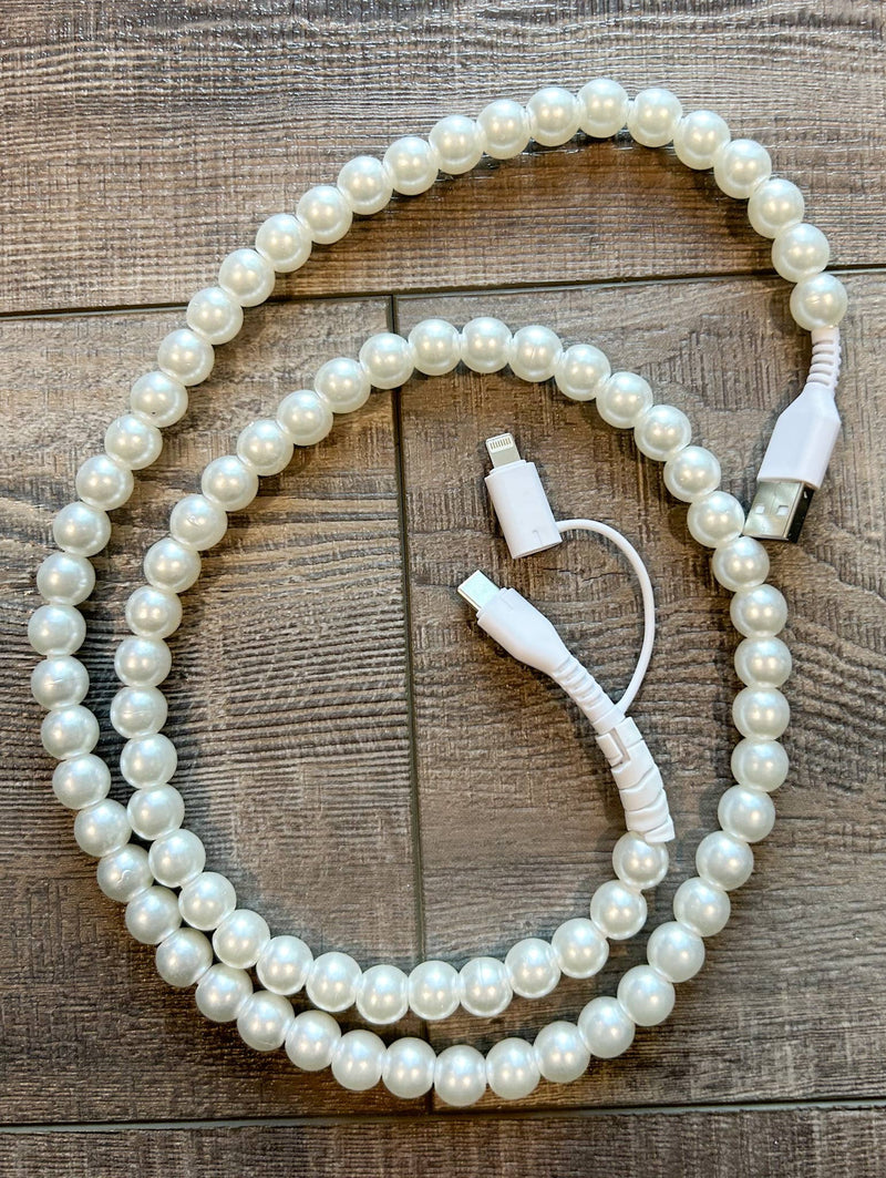 White Beaded Phone Charger with Lightning & USB-C Cable