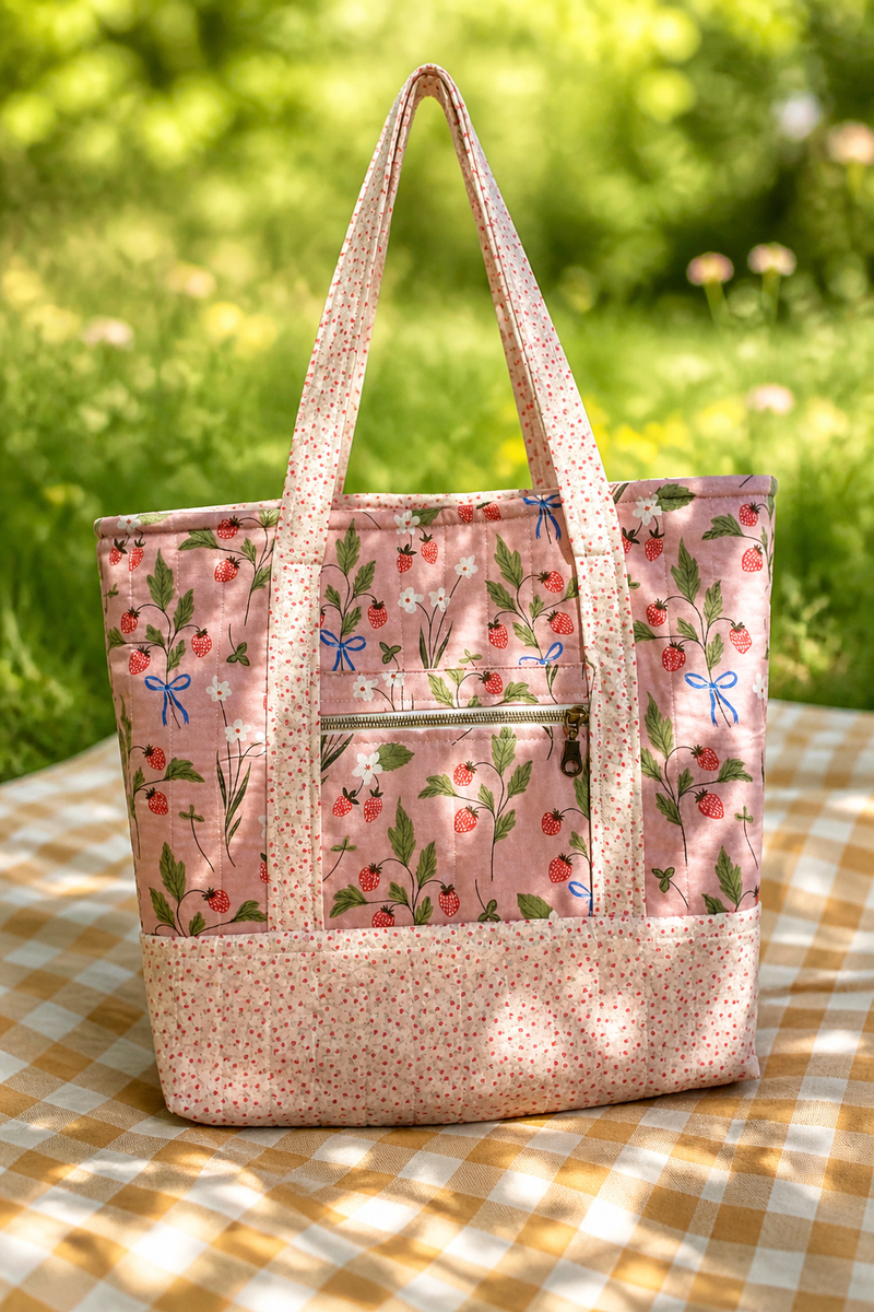 A pink fabric tote bag with a strawberry and floral print, featuring two shoulder straps and a front zippered pocket and two interior pockets, base and straps are tiny heart design. choose from recessed zipper or magnetic snap.