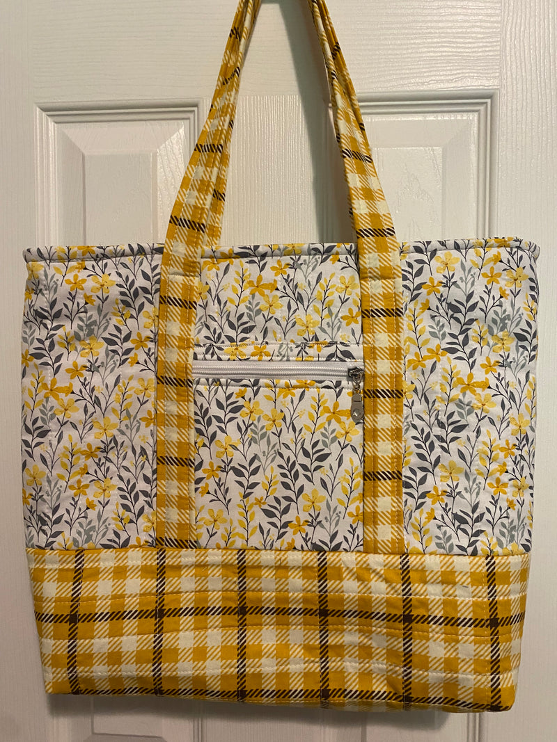 Yellow/gray/black floral with yellow/black plaid base