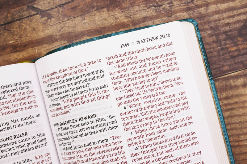 NASB Personal Size Bible Large Print Leathersoft Teal Red Le