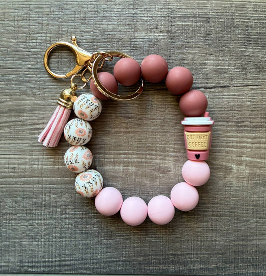 But First Coffee Silicone Bead Wristlet Keychain