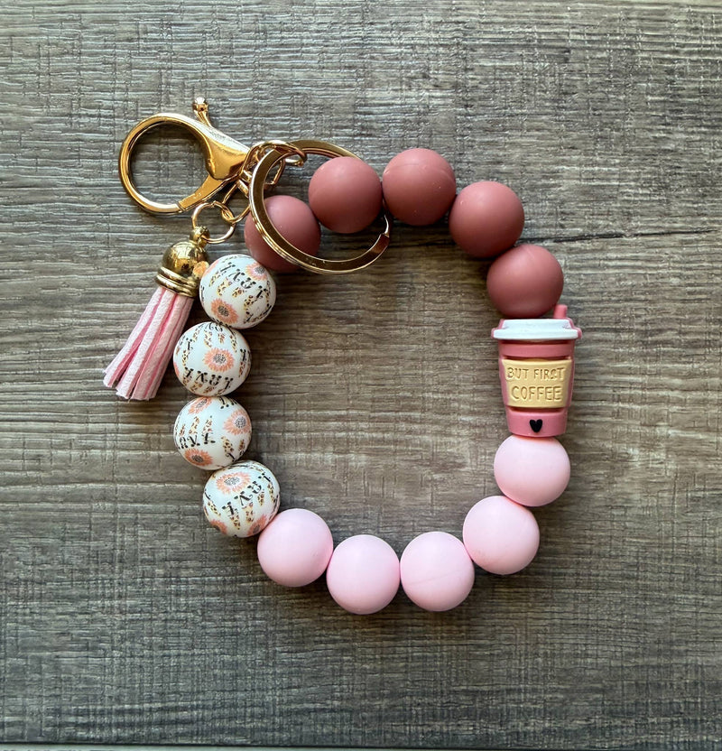But First Coffee Silicone Bead Wristlet Keychain