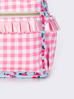 Pink Checkered Ruffle Flower Printed Backpack