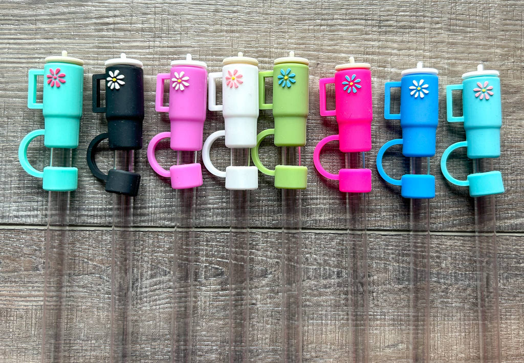 Tumbler with Daisy Silicone Straw Topper choice of 8