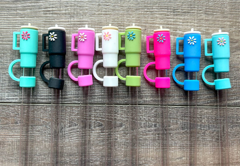 Tumbler with Daisy Silicone Straw Topper choice of 8