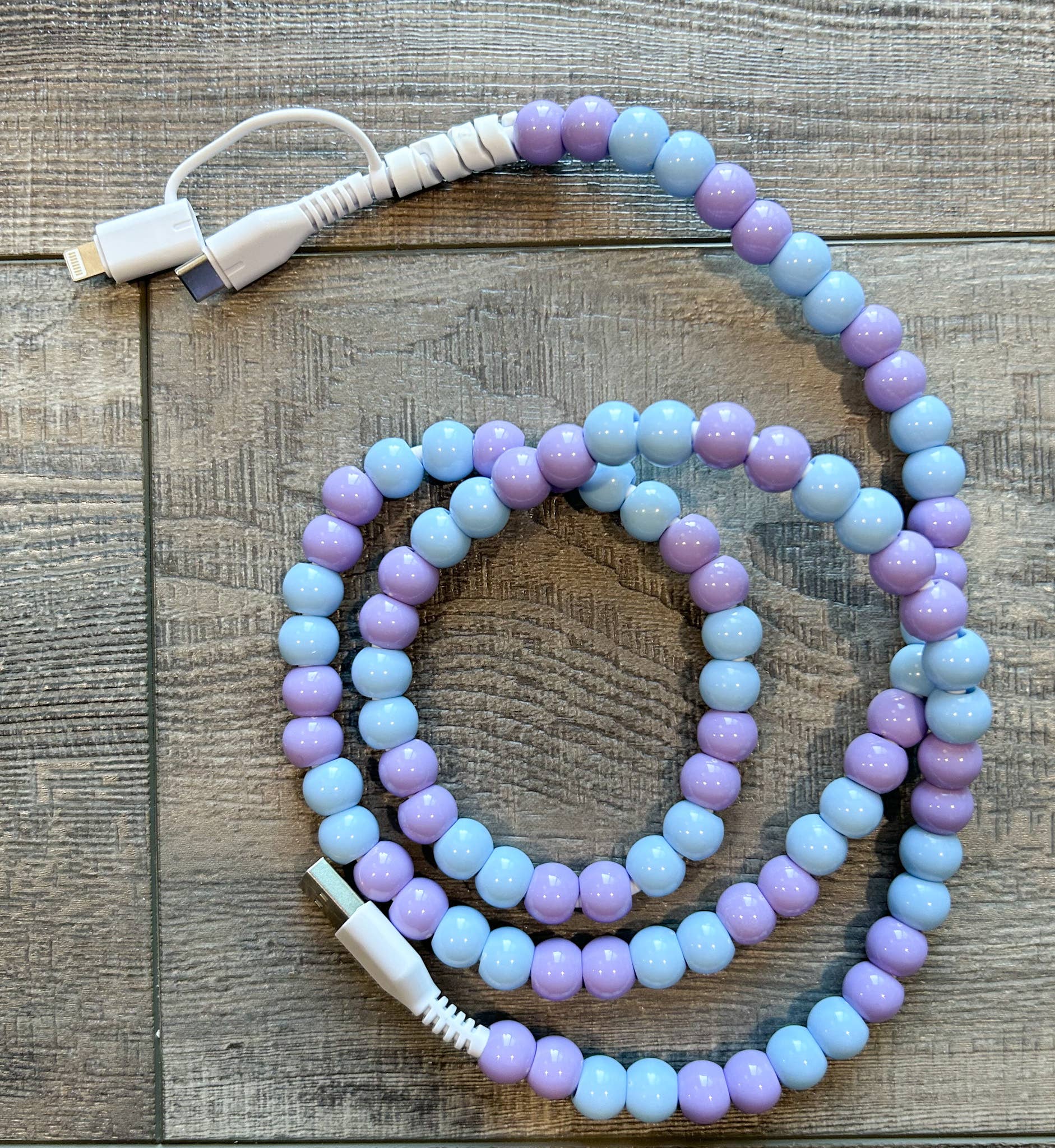 Blue Beaded Phone Charger with Lightning & USB-C Cable