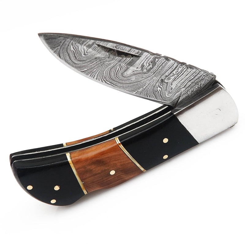 Damascus steel blade pocket knife with Leather Case for men