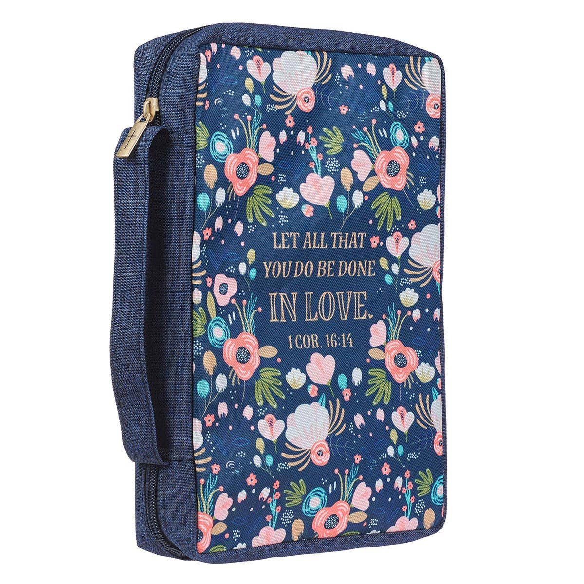 Bible Cover Value Navy/Floral Printed Let Love 1 Cor. 16:14