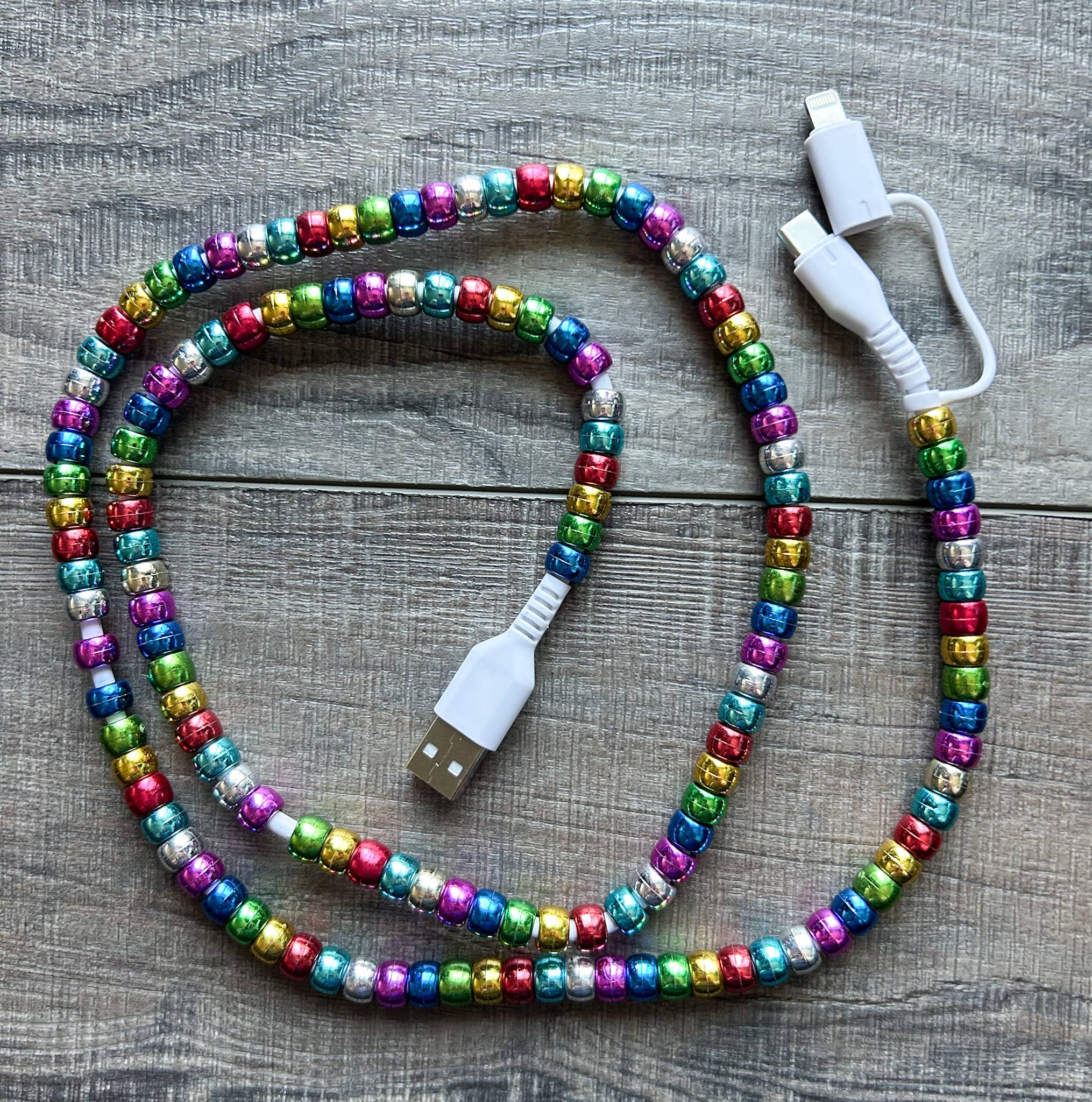 Rainbow Beaded Phone Charger with Lightning & USB-C Cable
