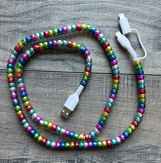 Rainbow Beaded Phone Charger with Lightning & USB-C Cable