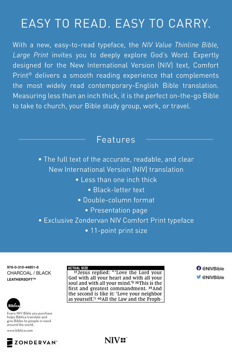 NIV, Value Thinline Bible, Large Print