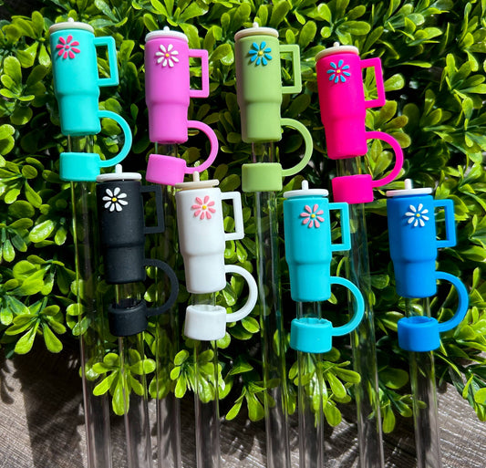 Tumbler with Daisy Silicone Straw Topper choice of 8