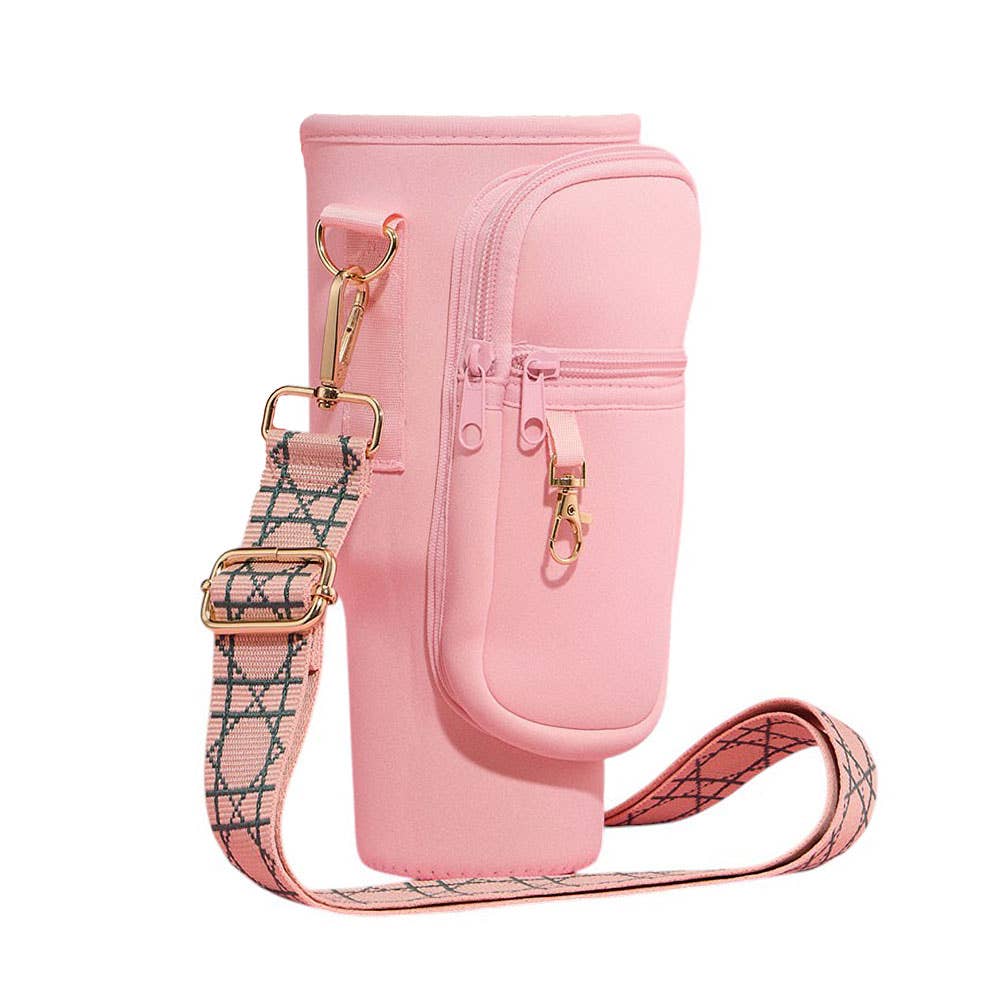 Solid Tumbler Carrier Holder Geometric Pattern Strap Crossbody Bag