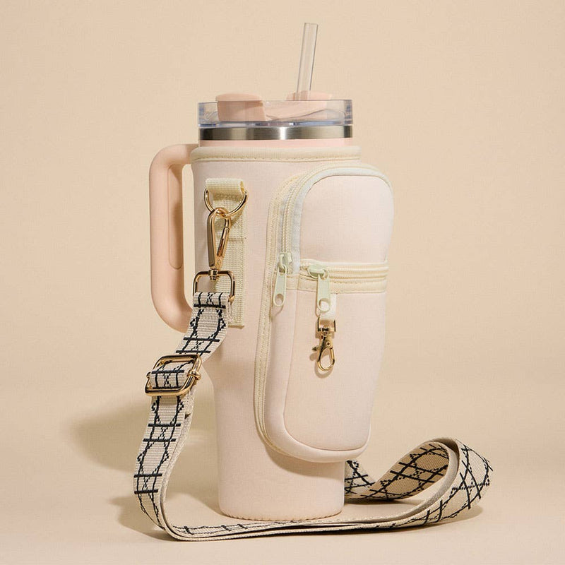 Solid Tumbler Carrier Holder Geometric Pattern Strap Crossbody Bag