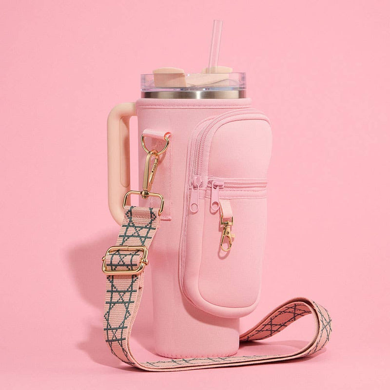 Solid Tumbler Carrier Holder Geometric Pattern Strap Crossbody Bag