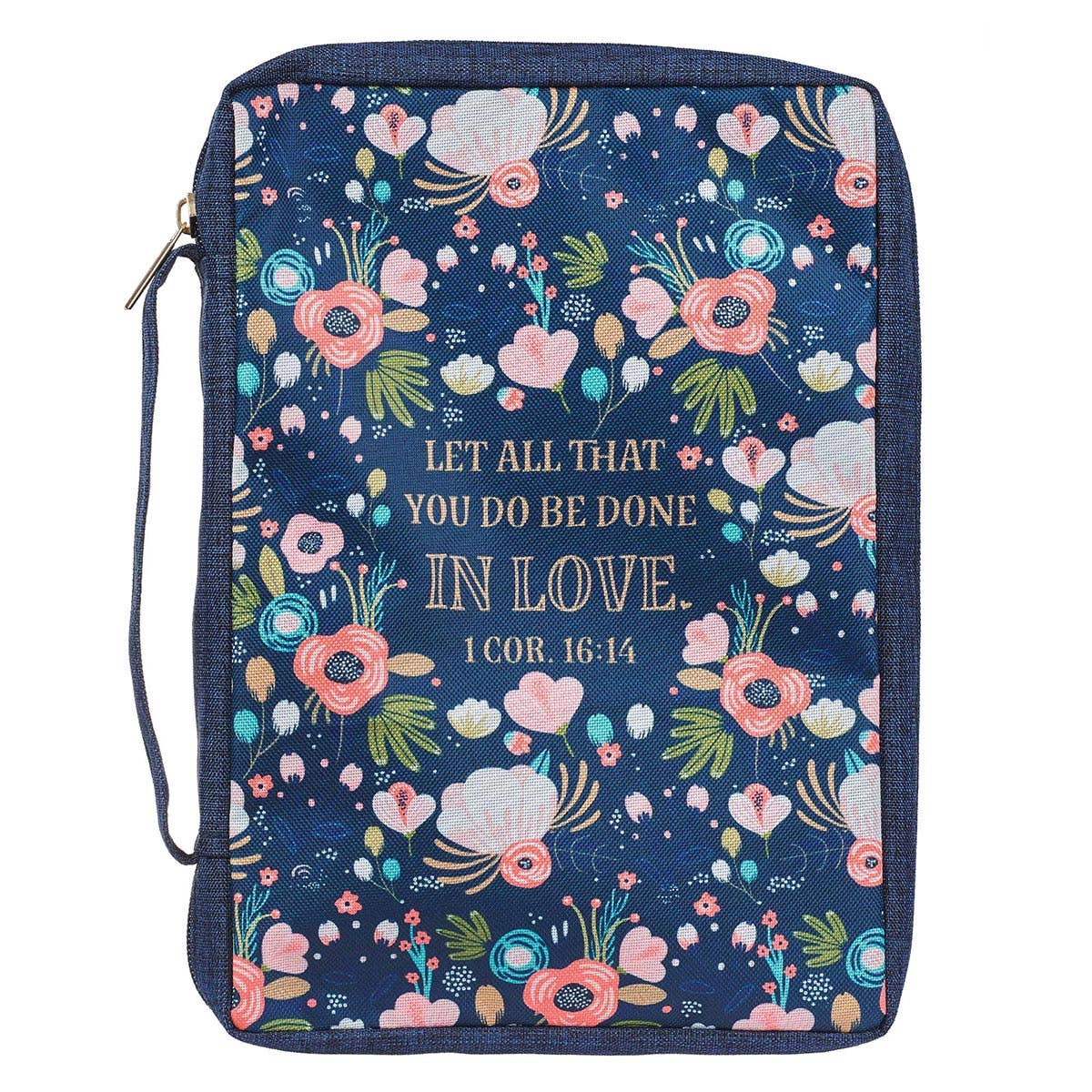 Bible Cover Value Navy/Floral Printed Let Love 1 Cor. 16:14
