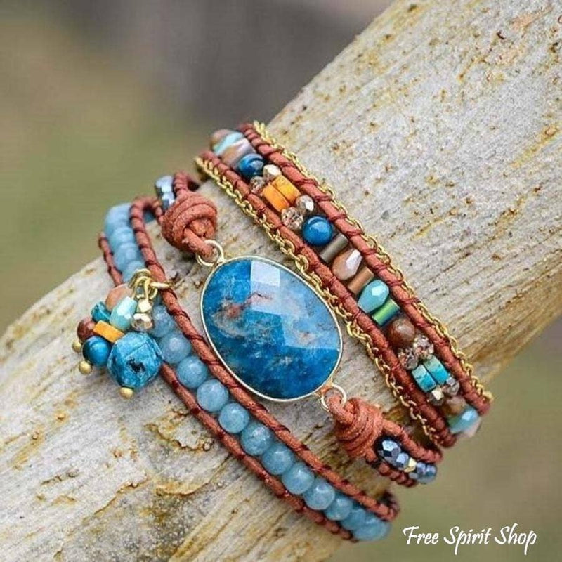 Natural Blue Apatite Gemstone Wrap Bracelet