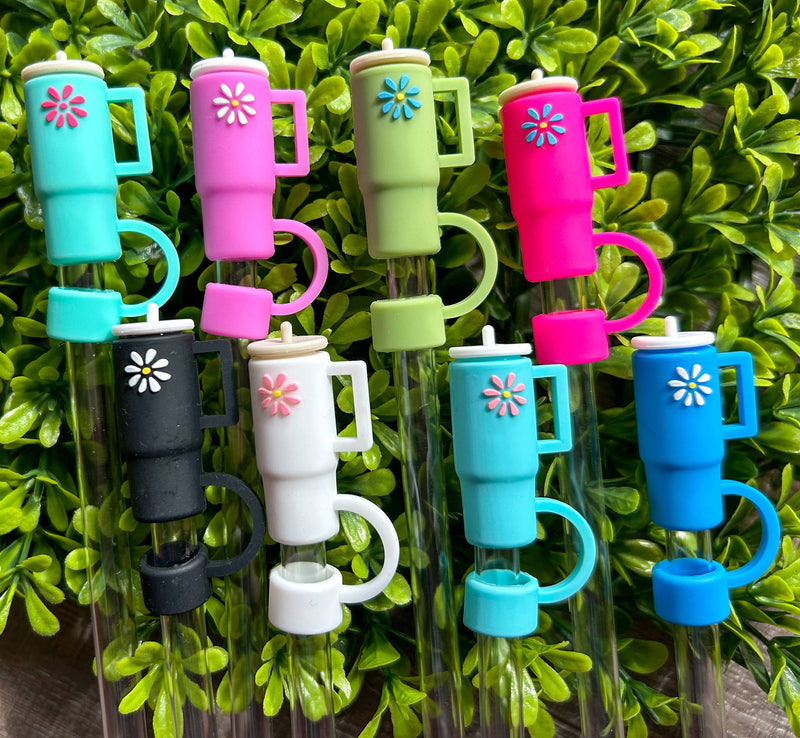 Tumbler with Daisy Silicone Straw Topper choice of 8