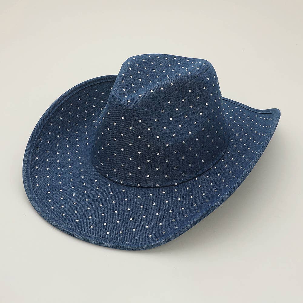 Sparkling Rhinestone Denim Western Cowboy Fedora Hat