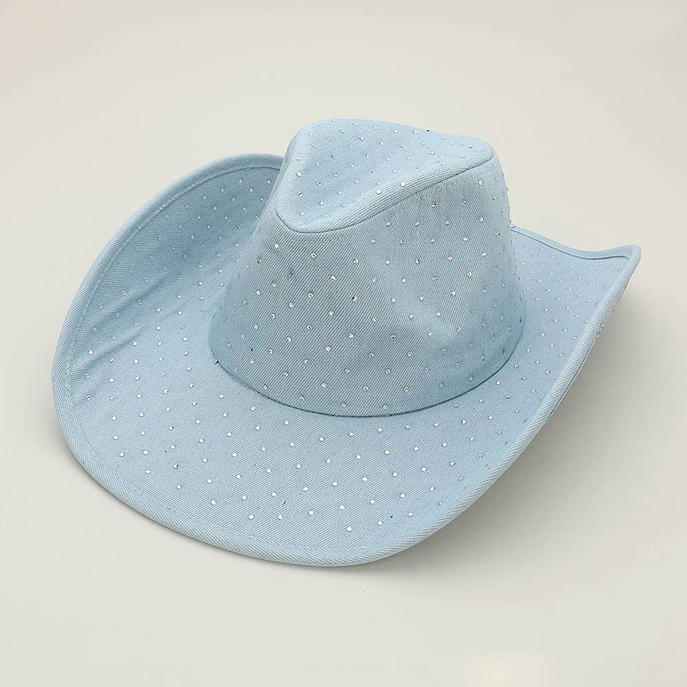 Sparkling Rhinestone Denim Western Cowboy Fedora Hat