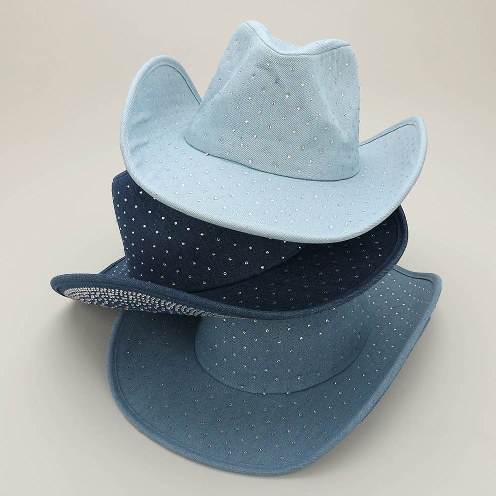Sparkling Rhinestone Denim Western Cowboy Fedora Hat