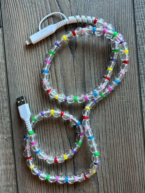 Clear Rainbow Beaded Phone Charger with Lightning & USB-C Cable