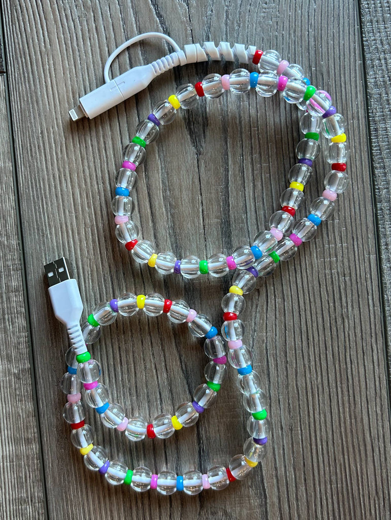 Clear Rainbow Beaded Phone Charger with Lightning & USB-C Cable