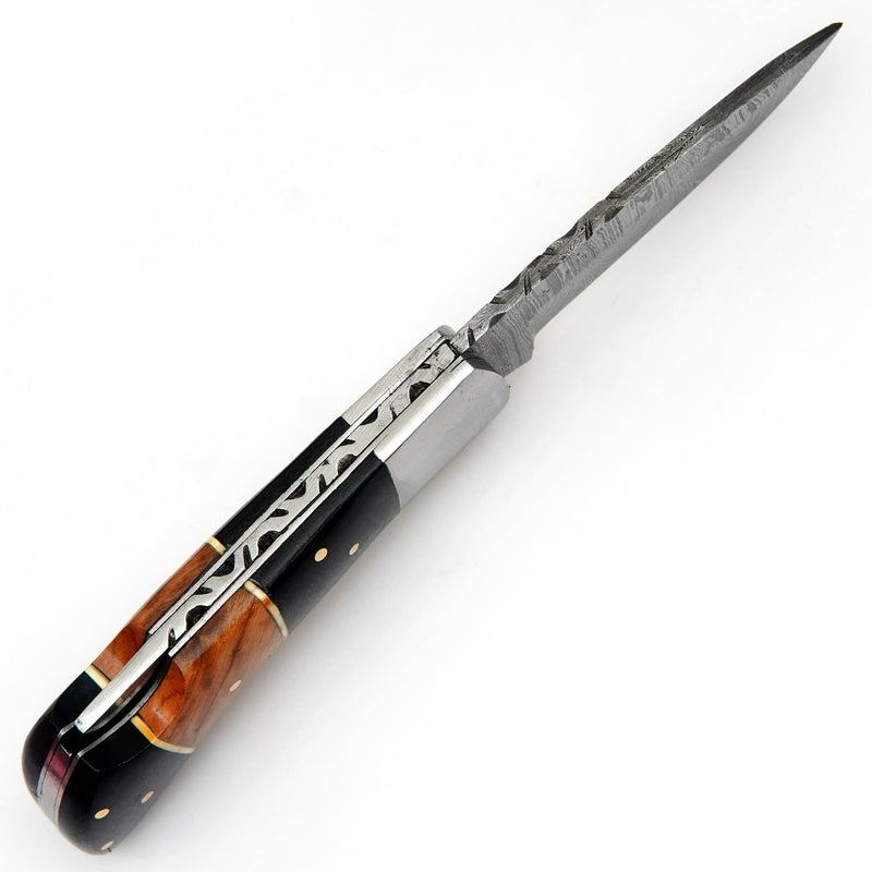 Damascus steel blade pocket knife with Leather Case for men