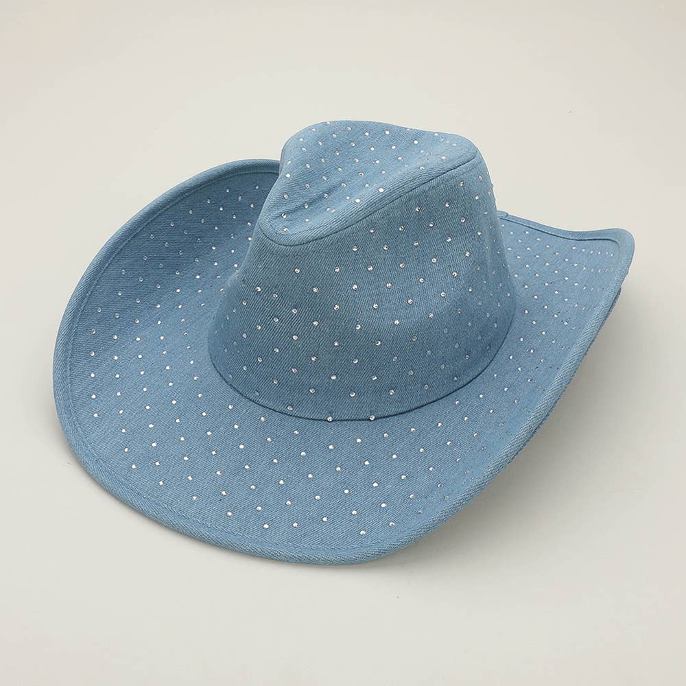 Sparkling Rhinestone Denim Western Cowboy Fedora Hat