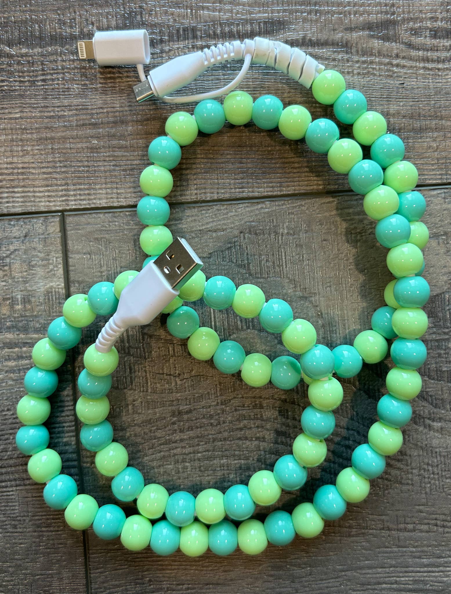 Green Beaded Phone Charger with Lightning & USB-C Cable