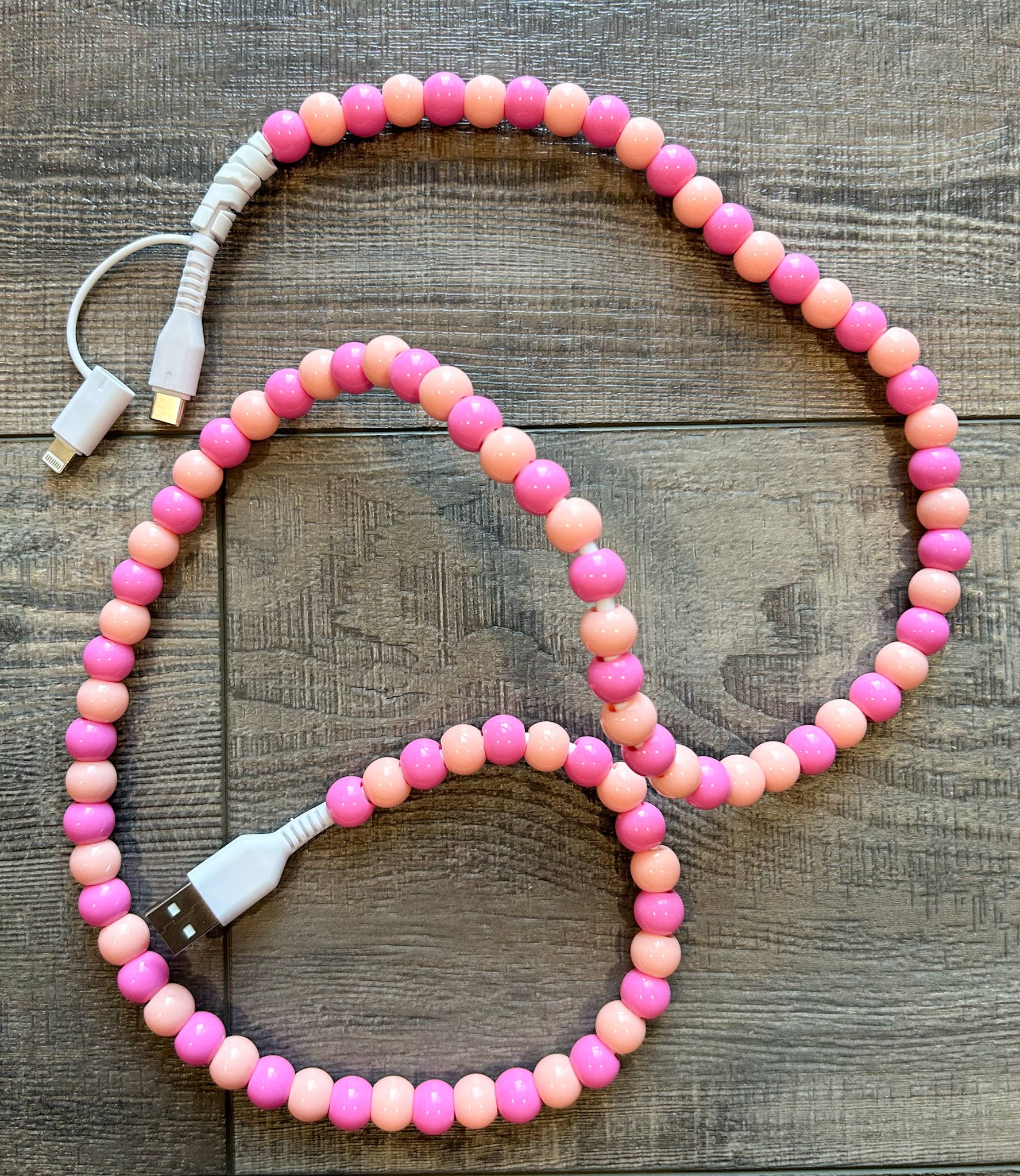 Peach Beaded Phone Charger with Lightning & USB-C Cable