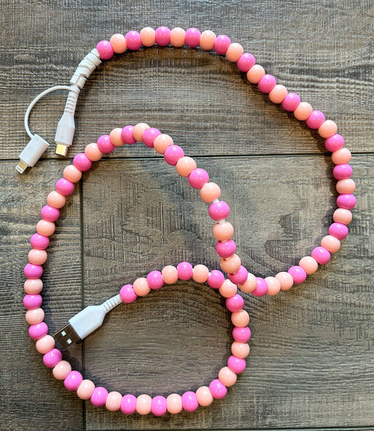 Peach Beaded Phone Charger with Lightning & USB-C Cable