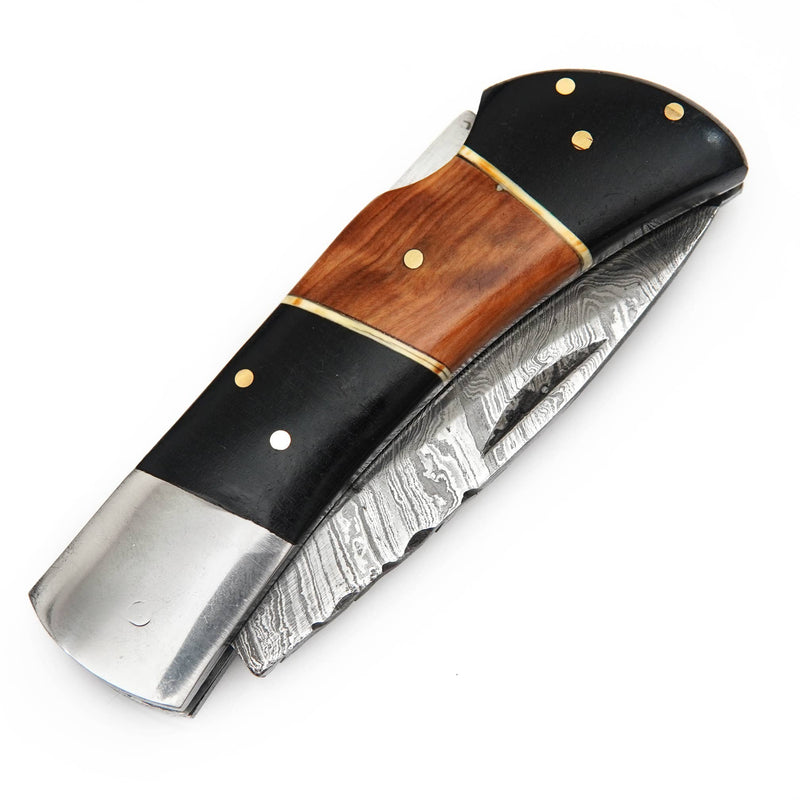 Damascus steel blade pocket knife with Leather Case for men