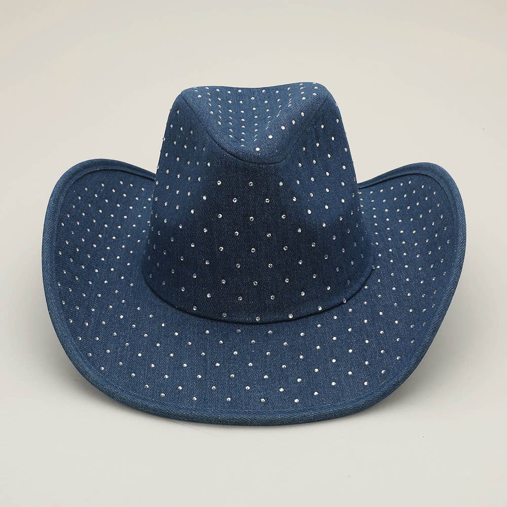 Sparkling Rhinestone Denim Western Cowboy Fedora Hat