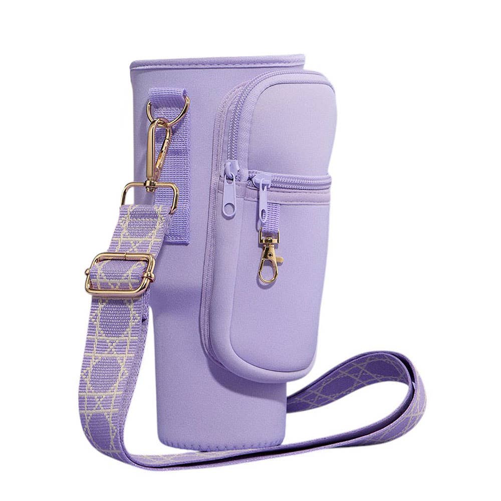 Solid Tumbler Carrier Holder Geometric Pattern Strap Crossbody Bag