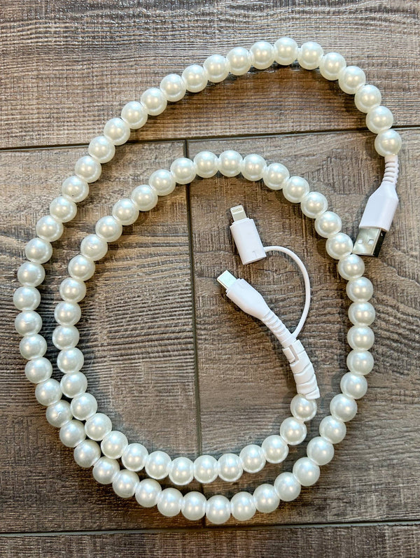 White Beaded Phone Charger with Lightning & USB-C Cable