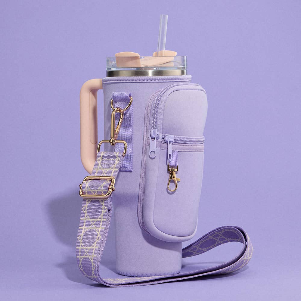 Solid Tumbler Carrier Holder Geometric Pattern Strap Crossbody Bag