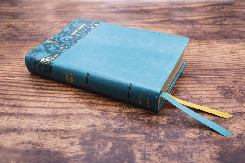 NASB Personal Size Bible Large Print Leathersoft Teal Red Le