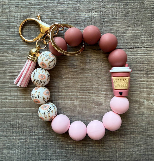 But First Coffee Silicone Bead Wristlet Keychain