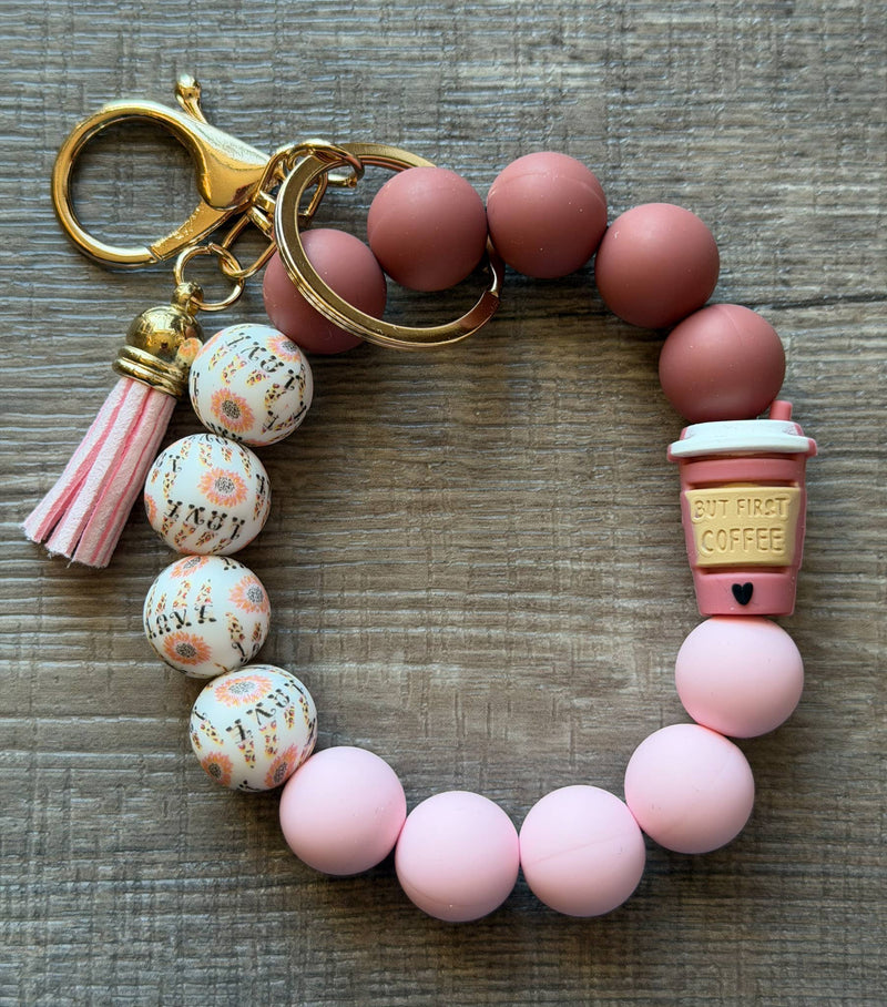But First Coffee Silicone Bead Wristlet Keychain