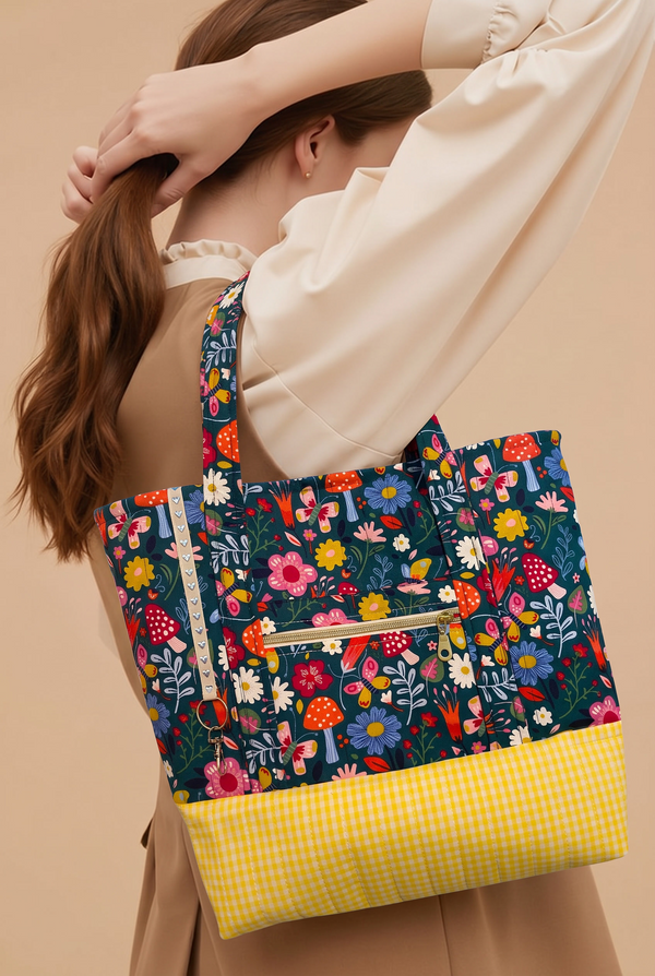 Dark green with bright floral and yellow gingham base