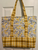 Yellow/gray/black floral with yellow/black plaid base