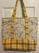 yellow/gray/black floral with yellow black plaid base/straps