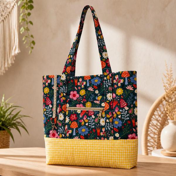 Dark green bright floral with yellow gingham base