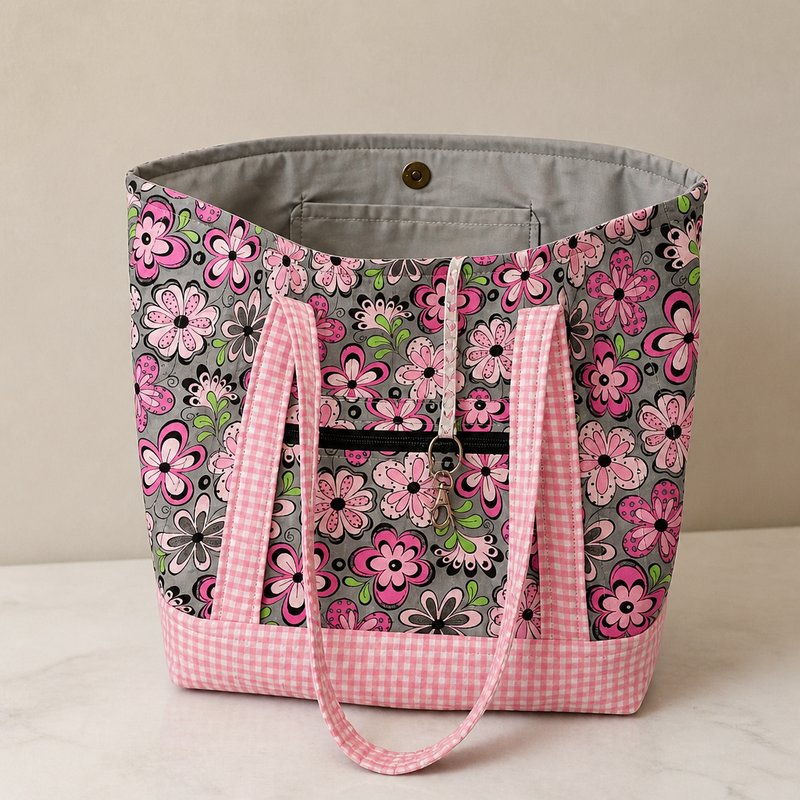 A fabric tote bag with a gray interior. Covered in a pink, black, and green floral pattern, featuring pink and white gingham check straps and a bottom base. Magnetic closure, two interior pockets, one exterior zippered pocket