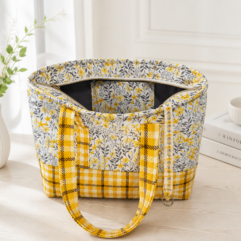 Yellow/gray/black floral with yellow/black plaid base